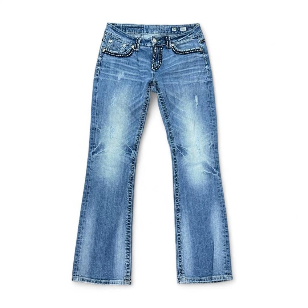 Miss Me Y2K Low Rise Blue Bootcut Jeans White Stitch Flap Pockets Size 28”